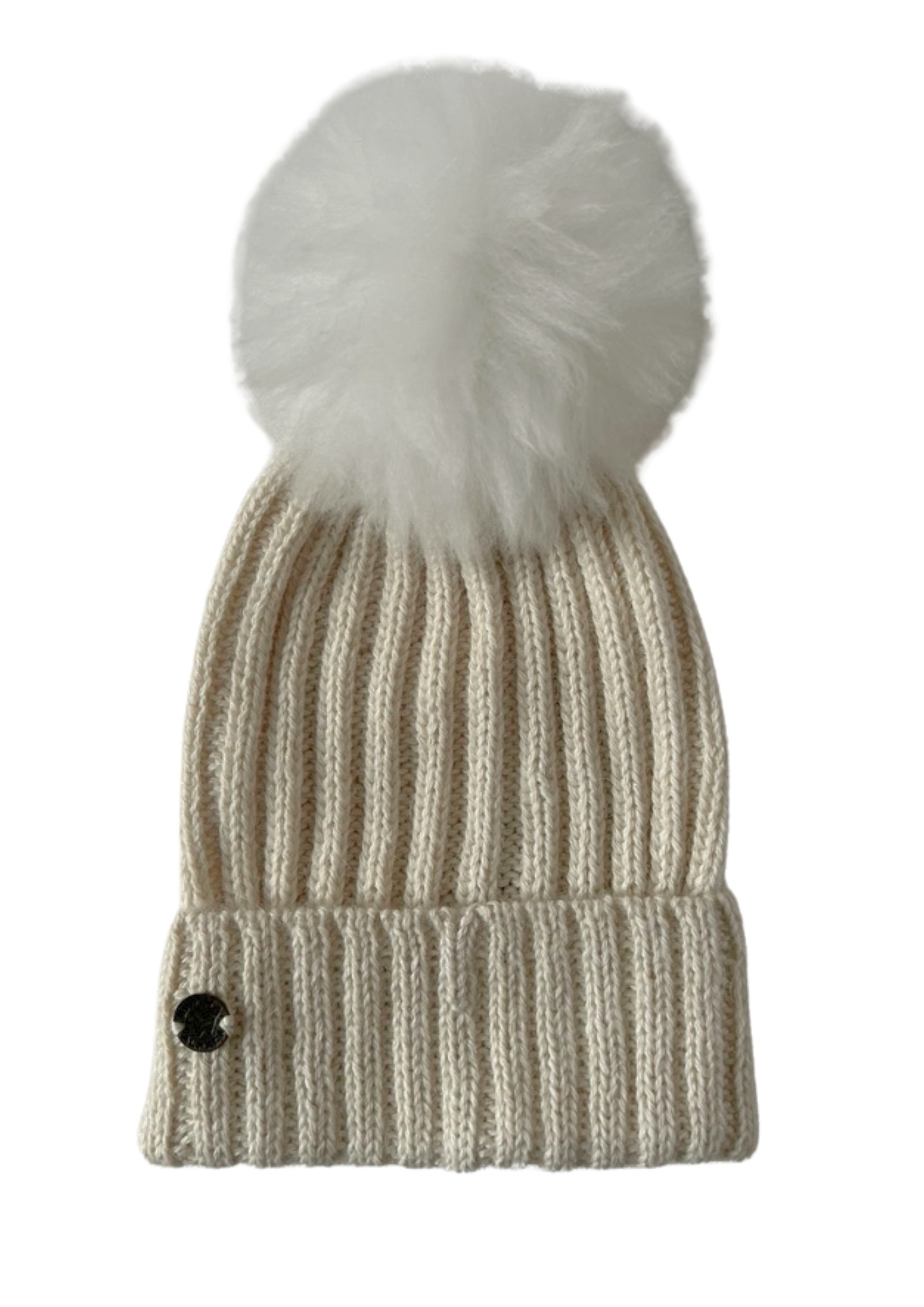 Bonnet Blanc à Côtes avec Pompon Fourrure Alpaga
