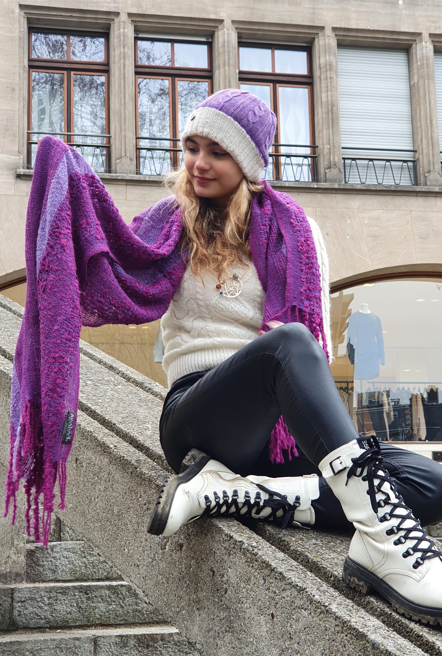 Beanie reversible Violet & White - Image 2