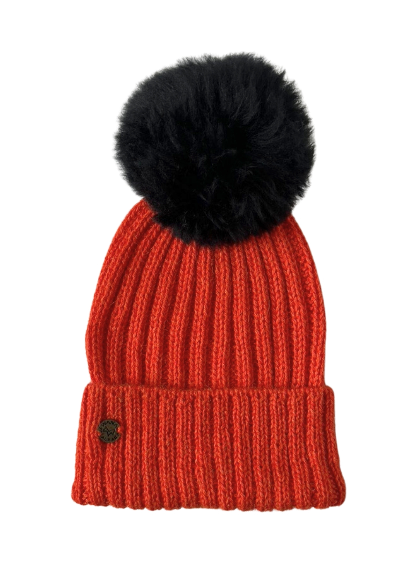 Bonnet Orange à Côtes avec Pompon Fourrure Alpaga