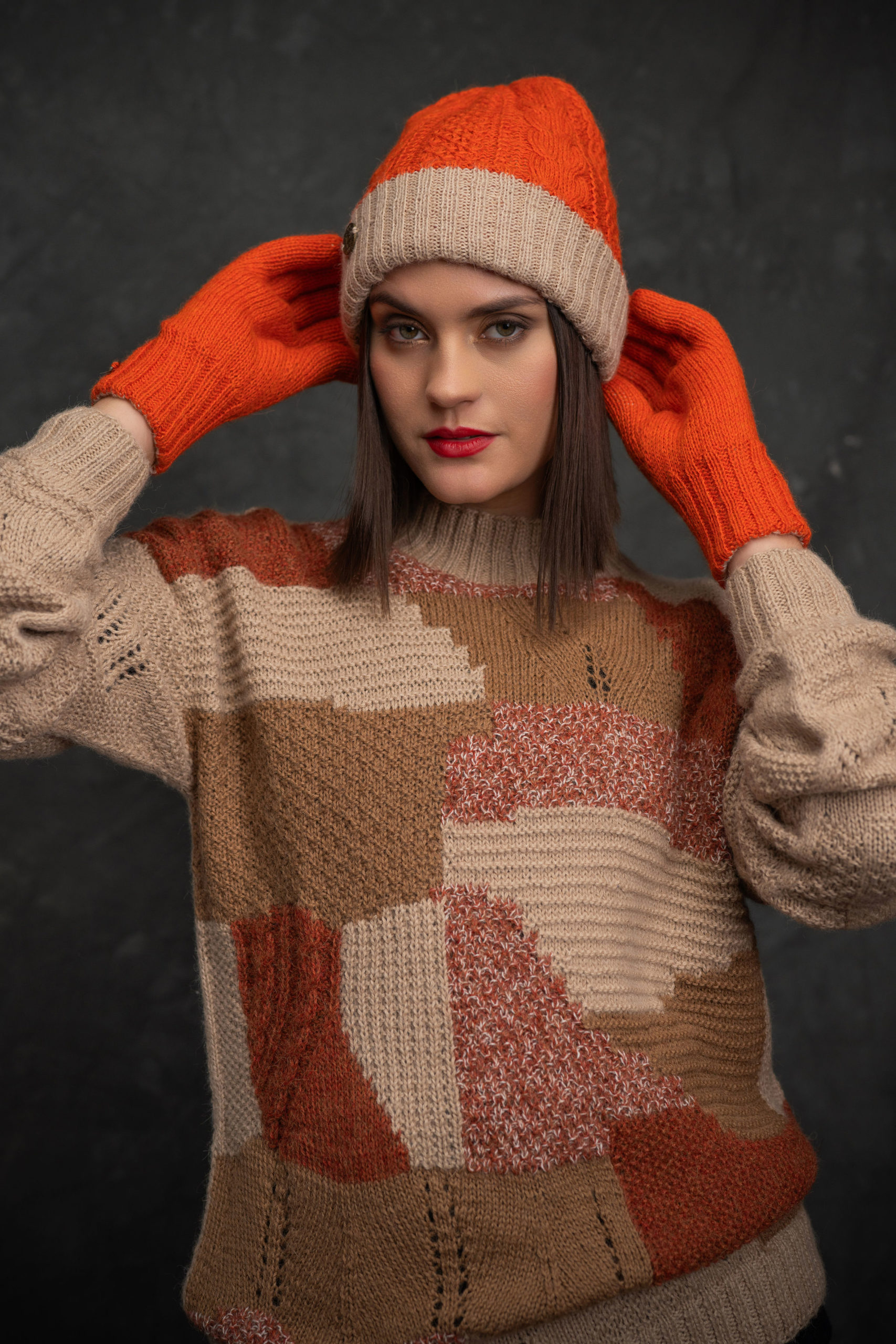 Beanie Orange & Camel - reversible Baby Alpaca