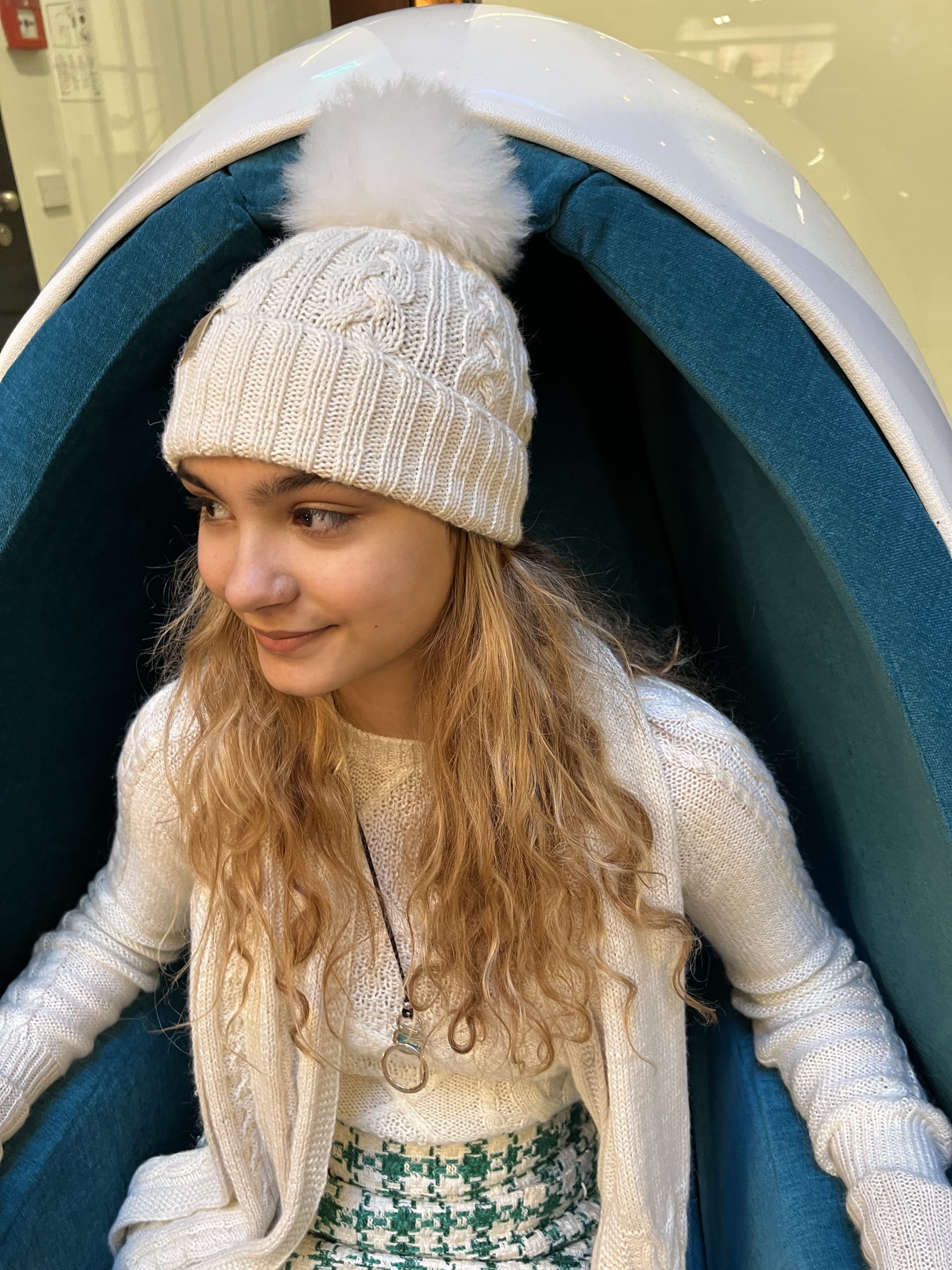 Beanie White with pompom - Image 2